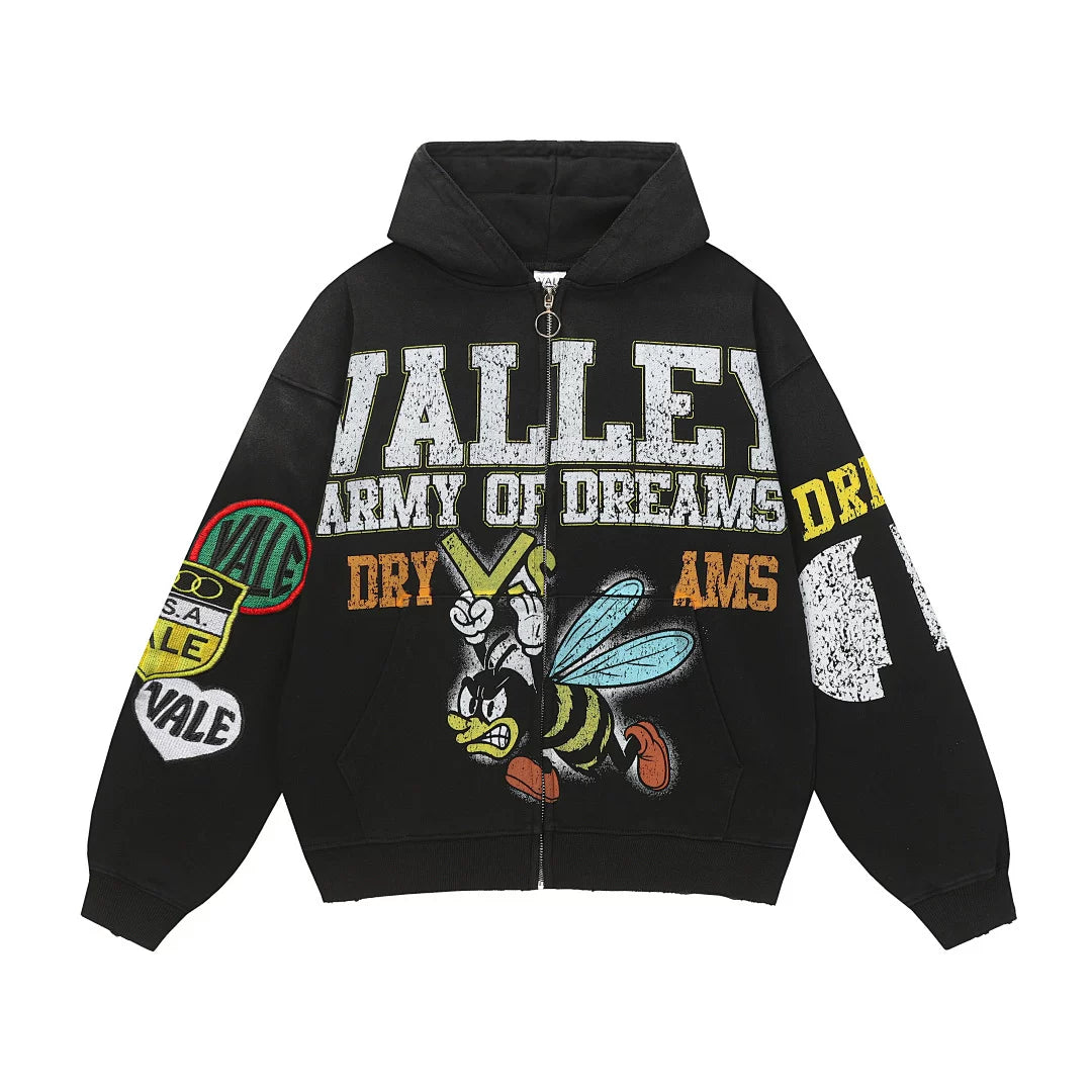 VALE VALLEY Hip Hop Embroidered Zip Hoodie