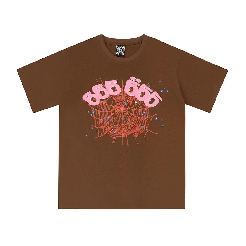 Sp5der Pink "555 555" & Red Spider Web Graphic Brown Short Sleeve T-Shirt