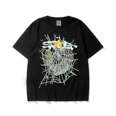 Sp5der Web & Gold Star Graphic Black Short Sleeve T-Shirt