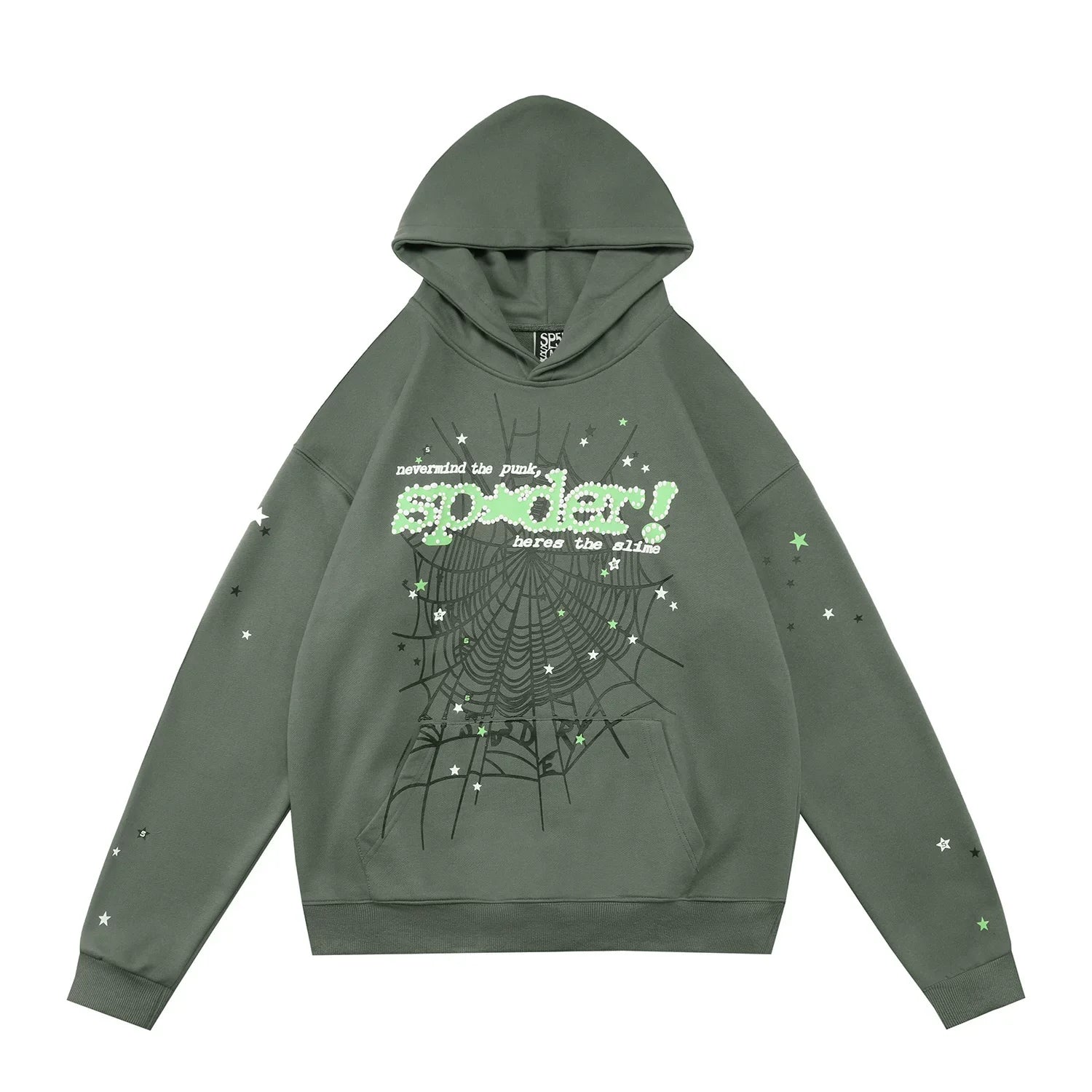 Sp5der "sp5der!" Spider Web Foam Print Rhinestone Army Green Pullover Hoodie