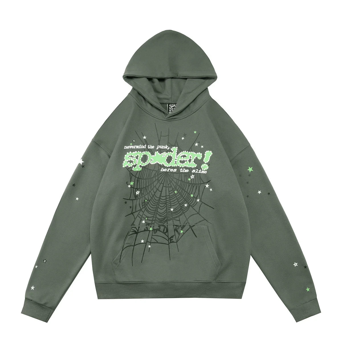 Sp5der "sp5der!" Spider Web Foam Print Rhinestone Army Green Pullover Hoodie
