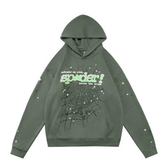 Sp5der "sp5der!" Spider Web Foam Print Rhinestone Army Green Pullover Hoodie