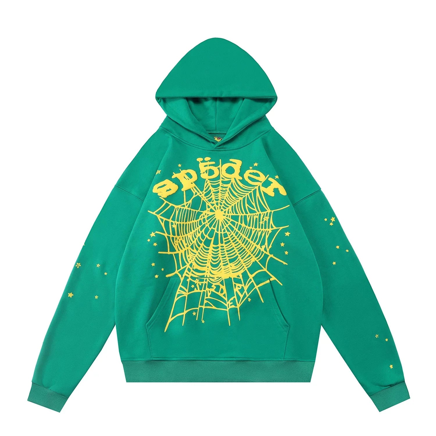 Sp5der Yellow Web & Foam Print Green Pullover Hoodie