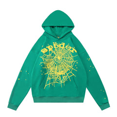 Sp5der Yellow Web & Foam Print Green Pullover Hoodie