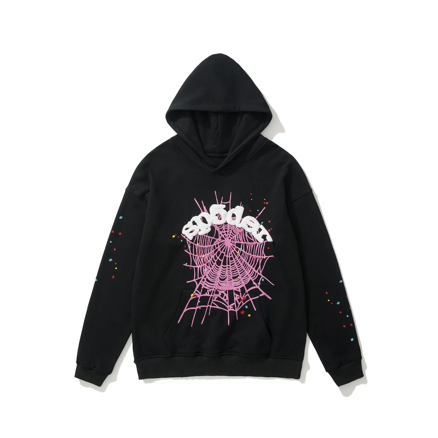 Sp5der Pink Web & Colorful Rhinestone Black Pullover Hoodie