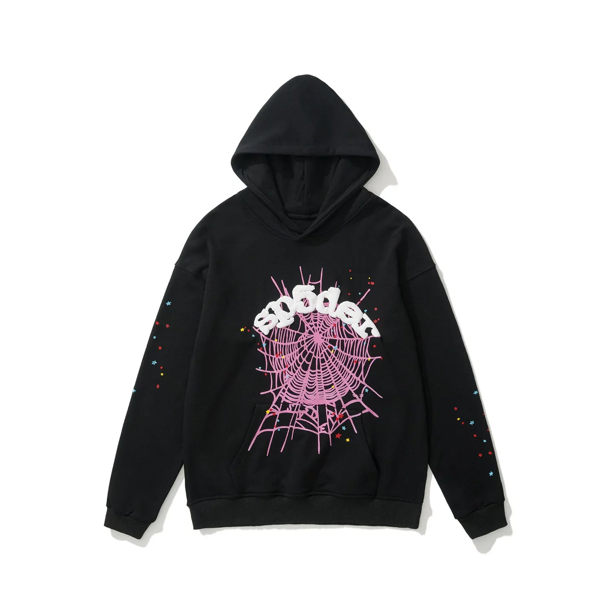 Sp5der Pink Web & Colorful Rhinestone Black Pullover Hoodie