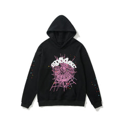 Sp5der Pink Web & Colorful Rhinestone Black Pullover Hoodie