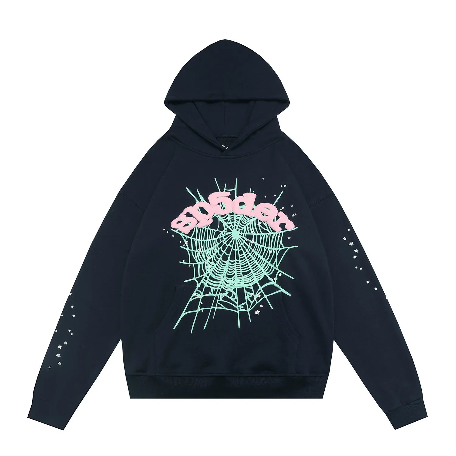 Sp5der Mint Web & Pink Foam Print Black Pullover Hoodie