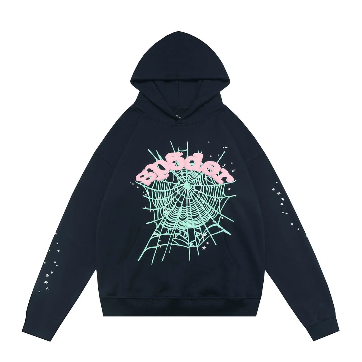 Sp5der Mint Web & Pink Foam Print Black Pullover Hoodie