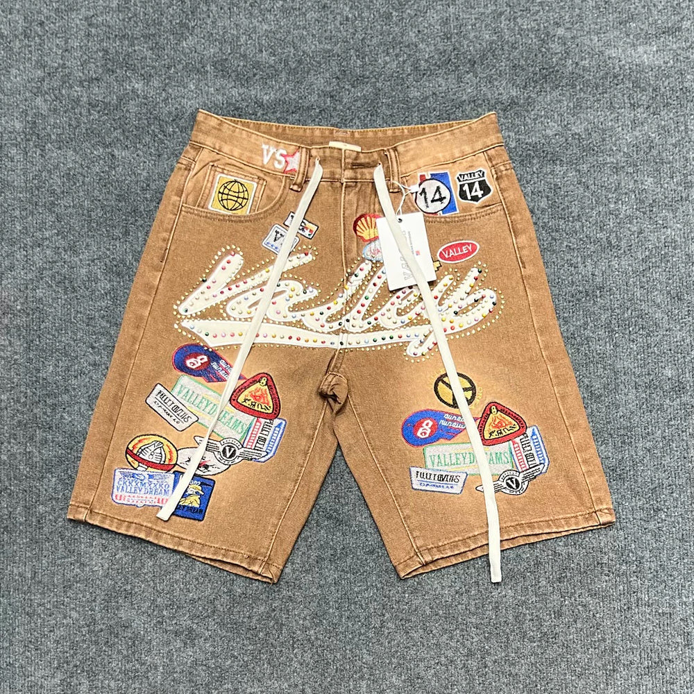 VALE VALLEY Embroidered Badge Rhinestone Denim Shorts