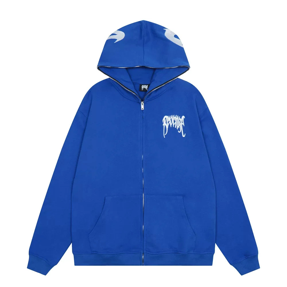 Revenge Autumn Winter Embroidered Logo Zip Up Hoodie