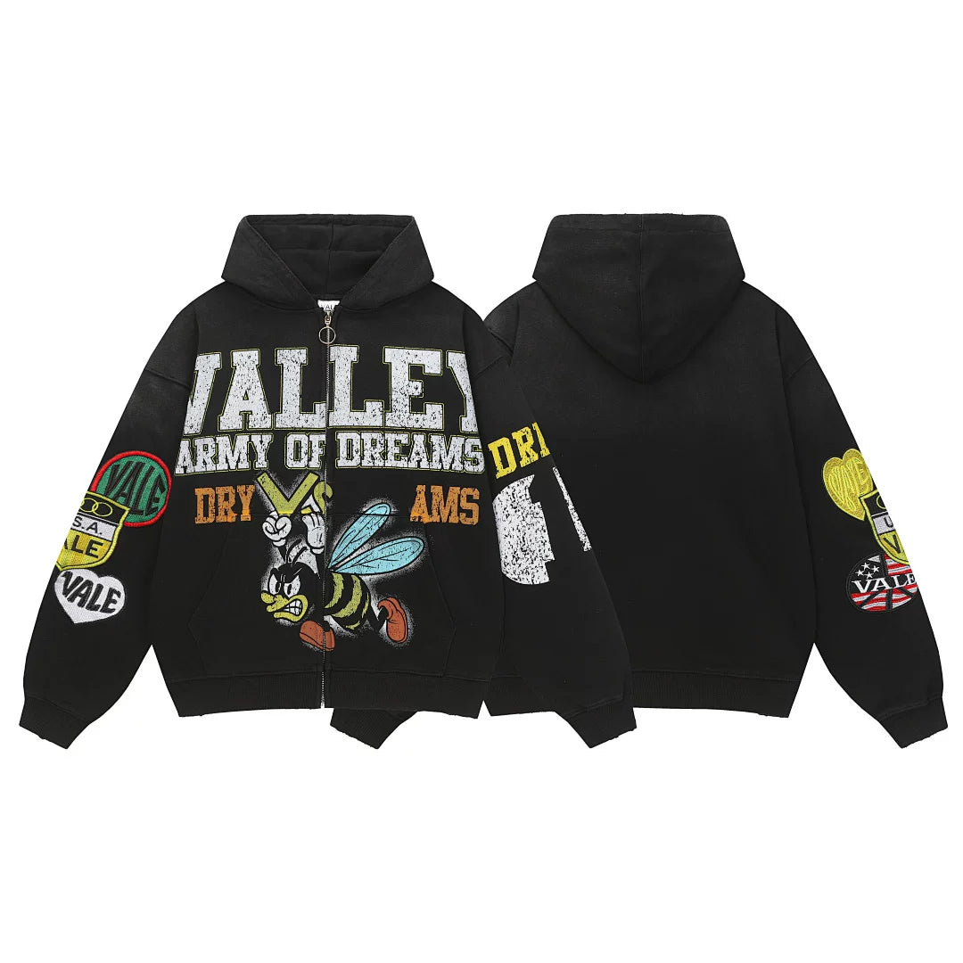 VALE VALLEY Hip Hop Embroidered Zip Hoodie