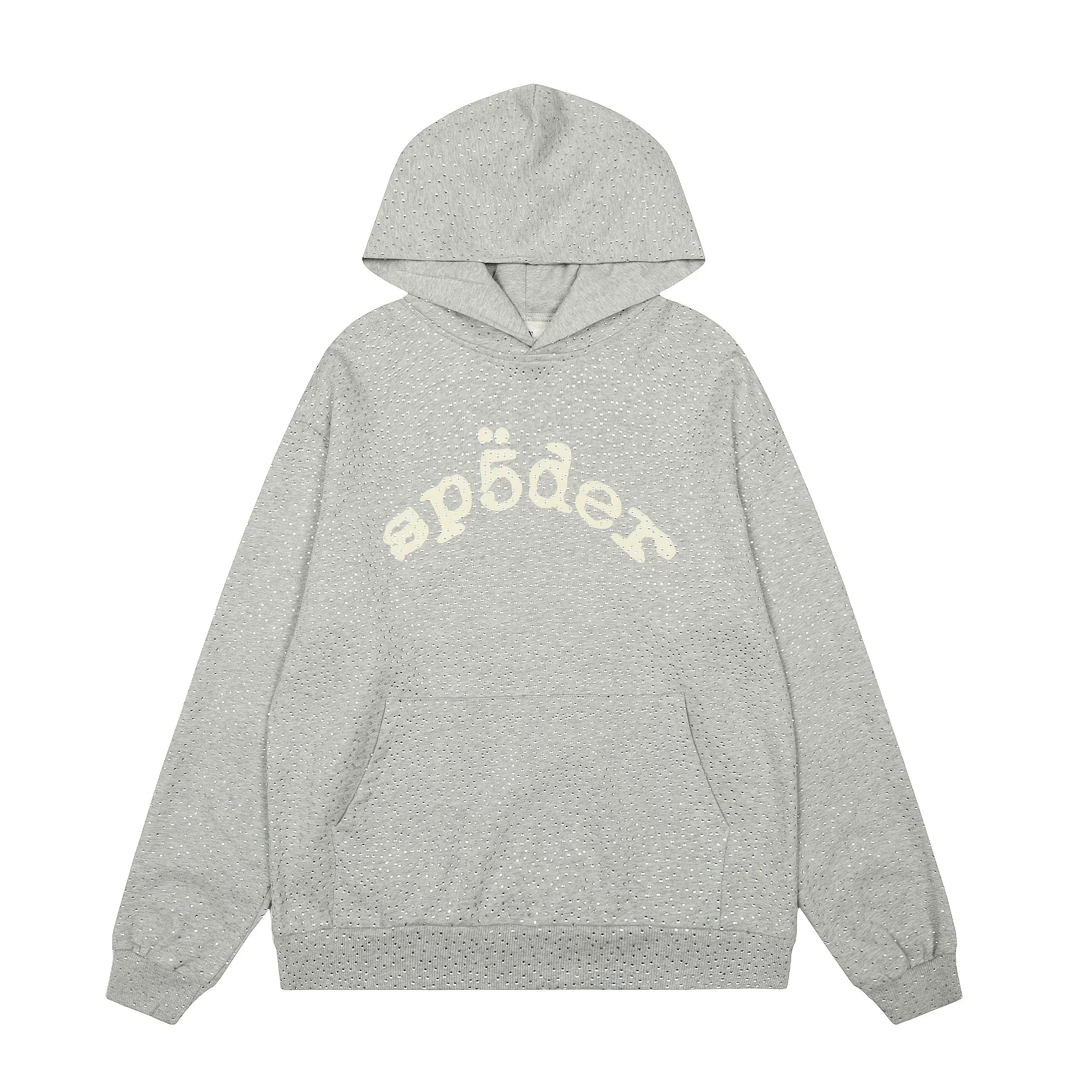Sp5der Rhinestone Letter Graphic Grey Pullover Hoodie