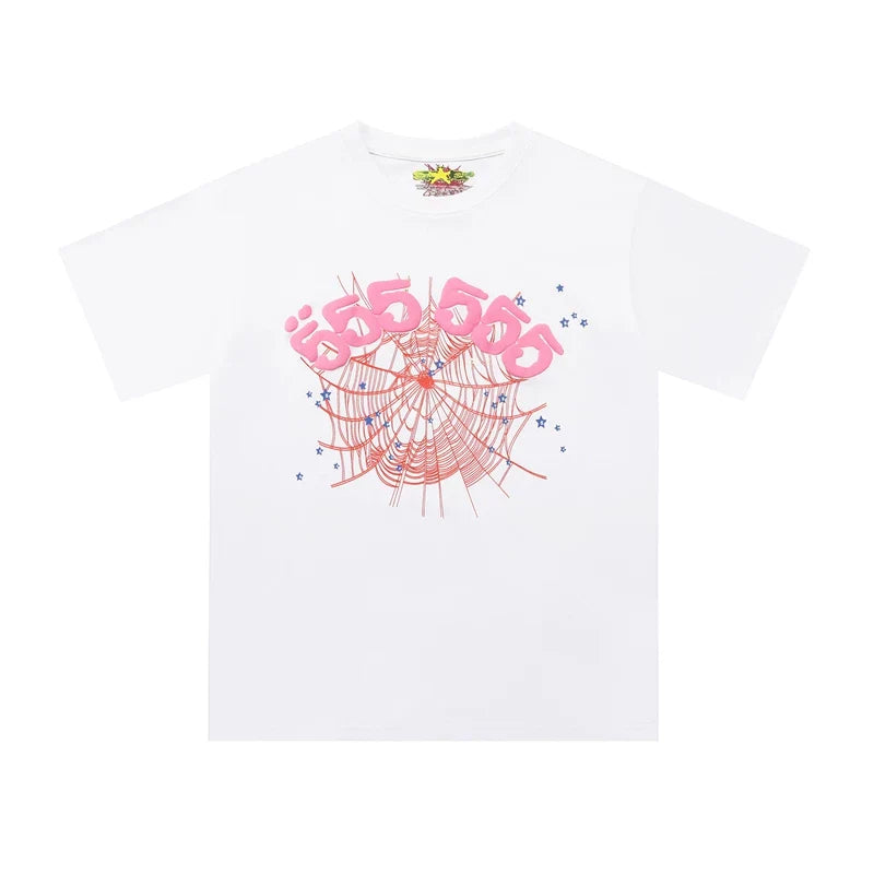 Sp5der 555 555 Red Web & Pink Numbers Graphic White Short Sleeve T-Shirt