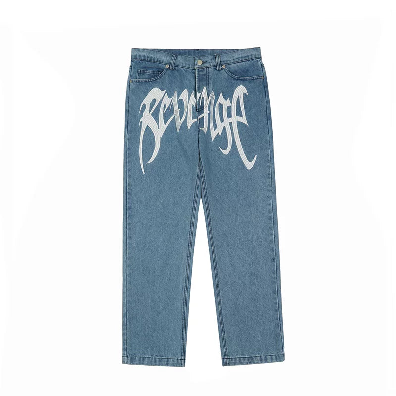 Revenge Smoke Embroidered Logo Straight Denim Jeans