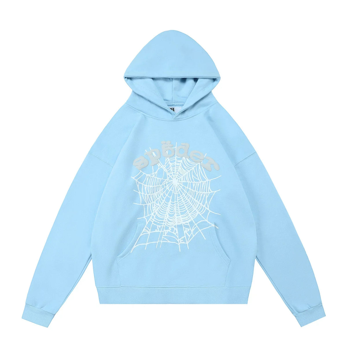 Sp5der Classic Web & White Typography Light Blue Pullover Hoodie