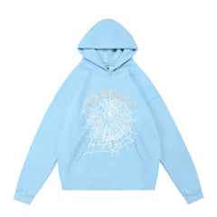Sp5der Classic Web & White Typography Light Blue Pullover Hoodie