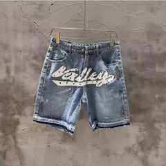 VALE VALLEY Rhinestone Graphic Denim Shorts