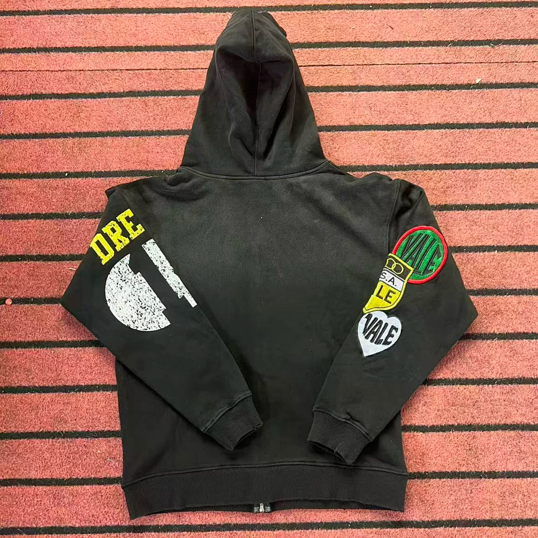 VALE VALLEY Hip Hop Embroidered Zip Hoodie