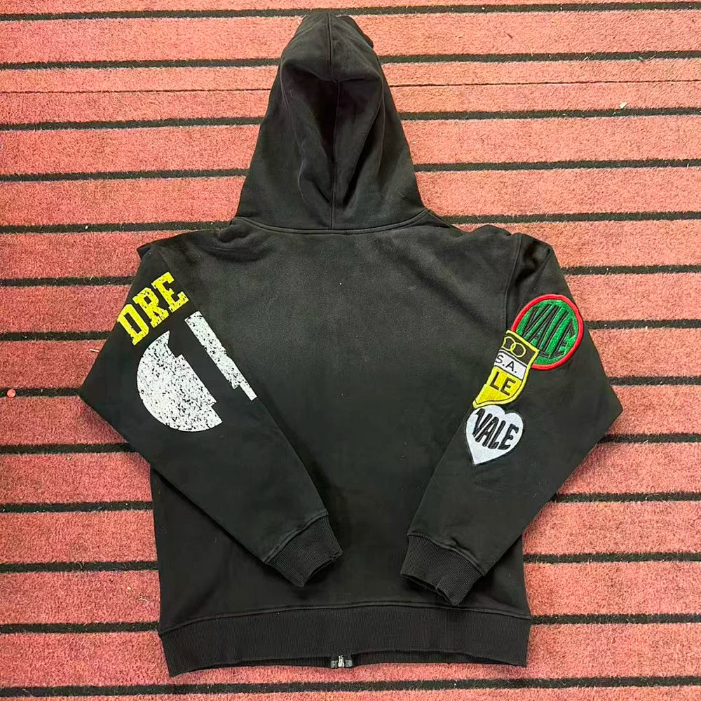 VALE VALLEY Hip Hop Embroidered Zip Hoodie