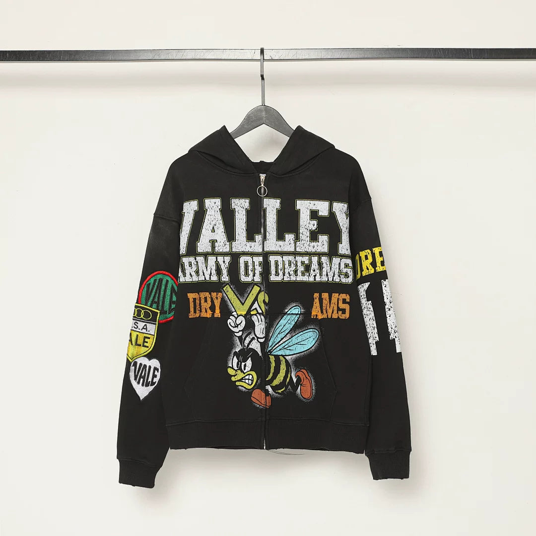 VALE VALLEY Hip Hop Embroidered Zip Hoodie