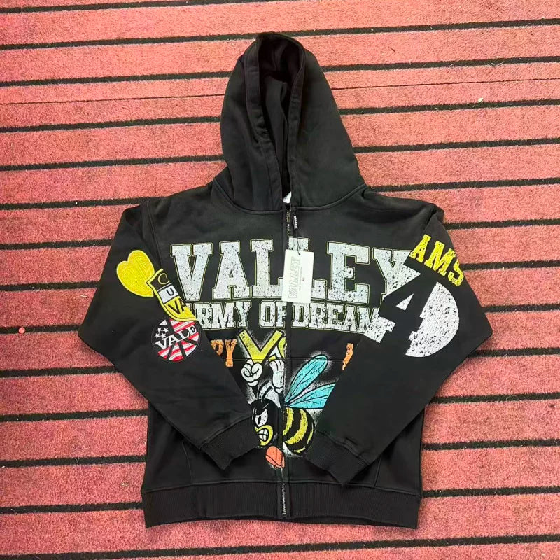 VALE VALLEY Hip Hop Embroidered Zip Hoodie