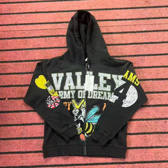 VALE VALLEY Hip Hop Embroidered Zip Hoodie
