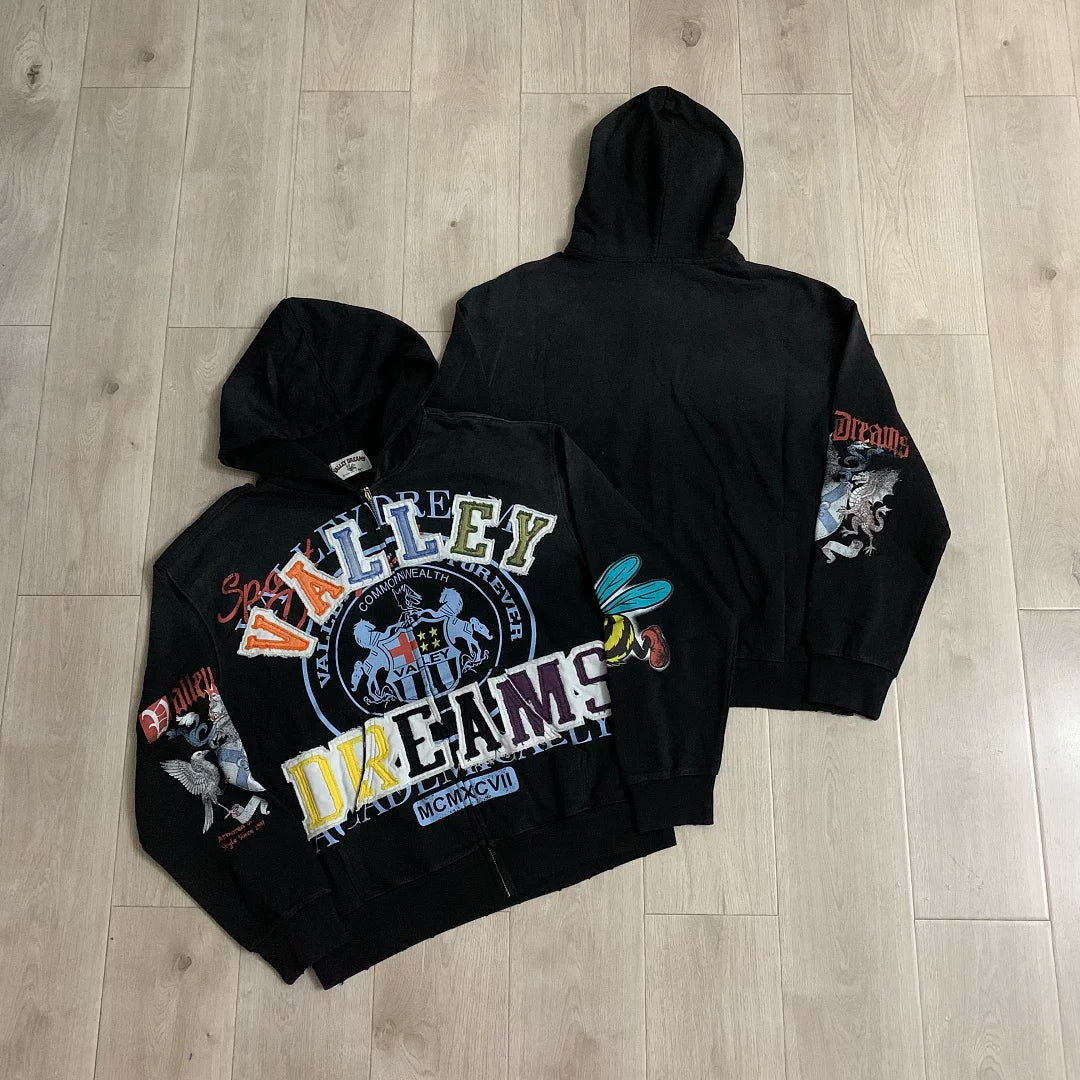 VALE VALLEY Heavyweight Patchwork Embroidered Zip Hoodie