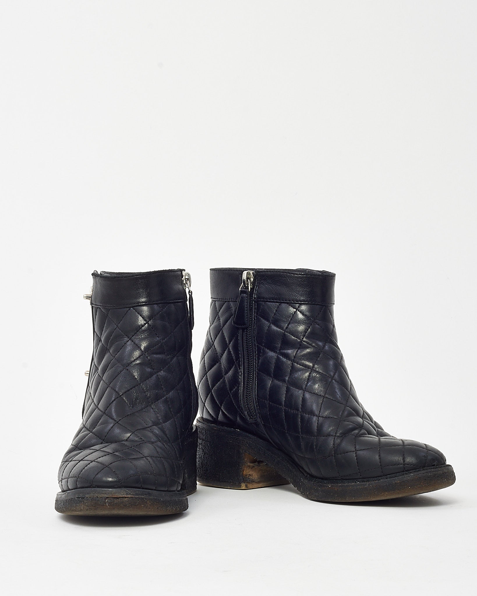 Chanel Black Quilted Leather CC Logo Short Zip Boots - 38