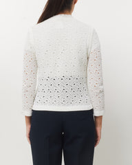 Chanel White Perforated Crochet Knit CC Logo Button Cardigan Sweater - 40